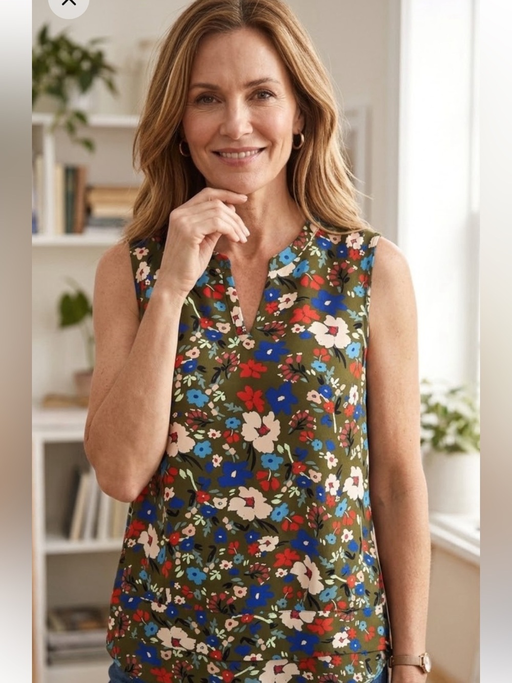 Cabi Olive Green Retro Floral Print Sleeveless Top SZ M